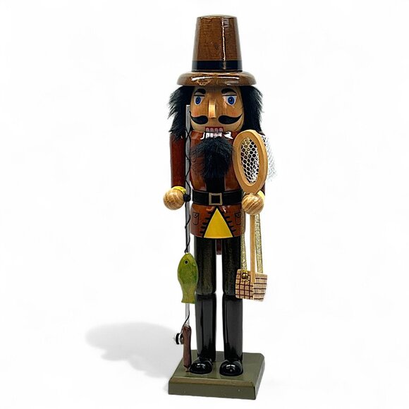 CHRISTMAS WOODEN NUTCRACKER - 15" FISHERMAN W/ FISHING POLE AND NET - Picture 1 of 15